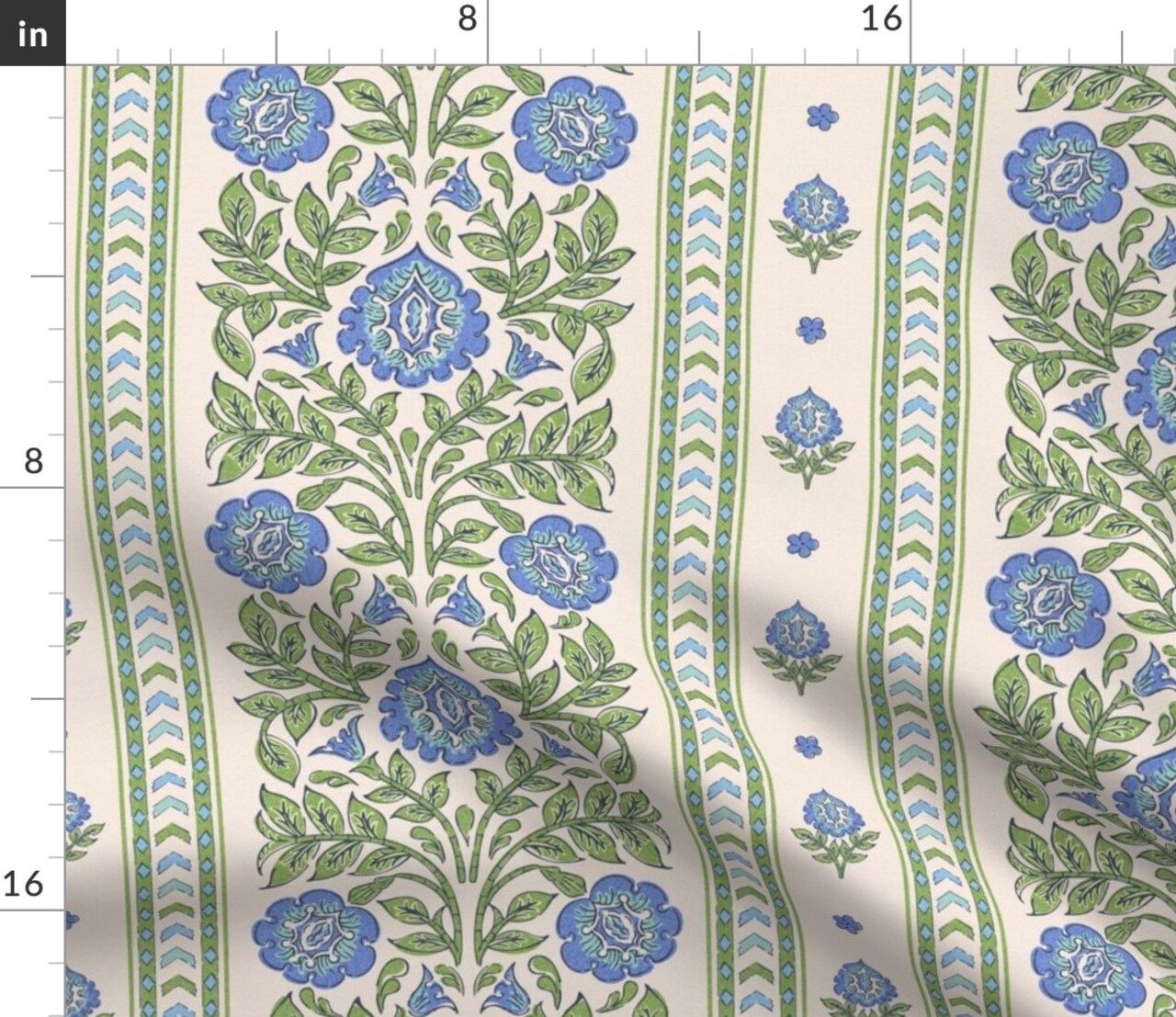 Indian Floral Blue Flowers Green Botanical Traditional Large Scale Stamped Stripes Custom Printed Fabric by Spoonflower Various Fabrics by the Yard or Fat Quarter